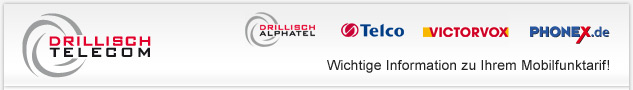 Wichtige Information zu Ihrem Mobilfunktarif! Abbildung Logos: Phonex.de, Telco, Victorvox, Drillisch Alphatel. Dies sind Marken der Drillisch-Telecom
